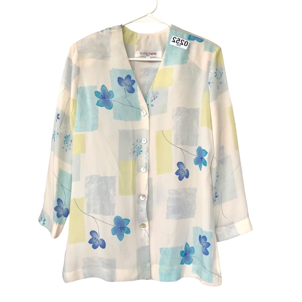 (252) Beverly Rose Floral Turquoise/Ivory Blouse - Picture 2 of 4